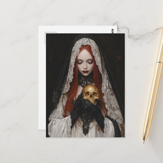 Beautiful Red Haired Woman With a Gold Skull Postcard (Front/Back In Situ)