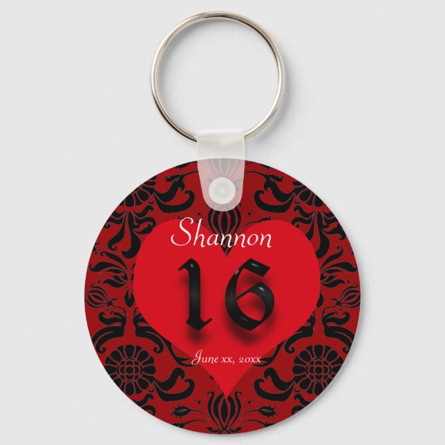 Beautiful Red Heart, Damask, Sweet Sixteen Favor Keychain (Front)