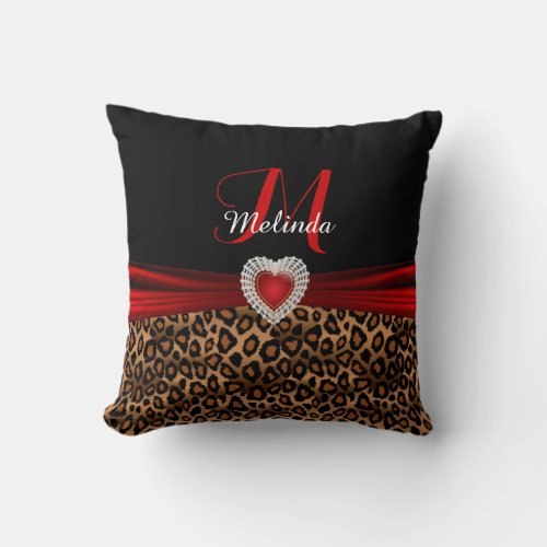 Beautiful Red Heart Leopard Animal Print Throw Pillow
