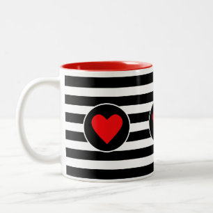 Beautiful Red Heart on Black & White Striped Two-Tone Coffee Mug