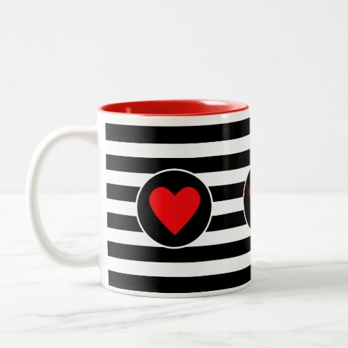 Beautiful Red Heart on Black  White Striped Two_Tone Coffee Mug