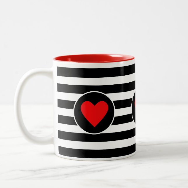 Beautiful Red Heart on Black & White Striped Two-Tone Coffee Mug (Left)