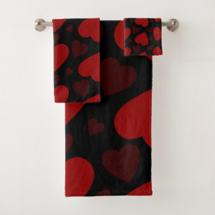 Beautiful red heart pattern on black bath towel set