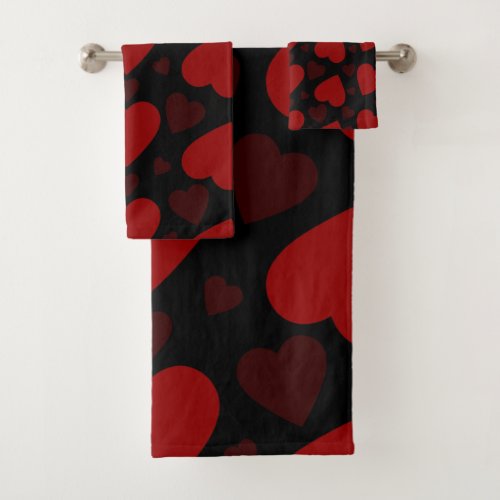Beautiful red heart pattern on black  bath towel set