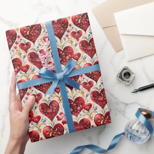 Beautiful Red Hearts and Flowers Vintage Wrapping Paper