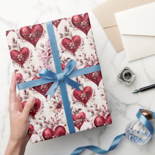 Beautiful Red Hearts and Flowers Vintage Wrapping Paper