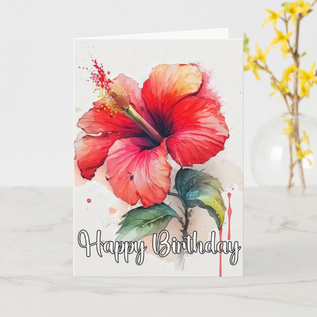 Beautiful Red Hibiscus Flower Art Card (Yellow Flower)