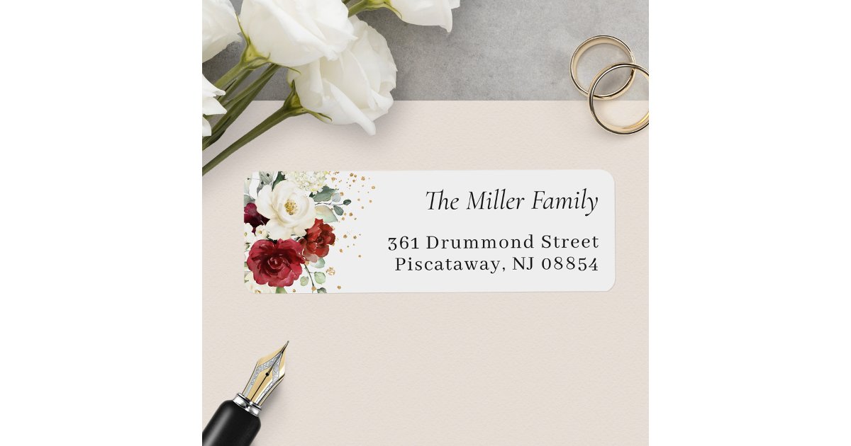 Beautiful Red Ivory White Floral Return Address Label | Zazzle