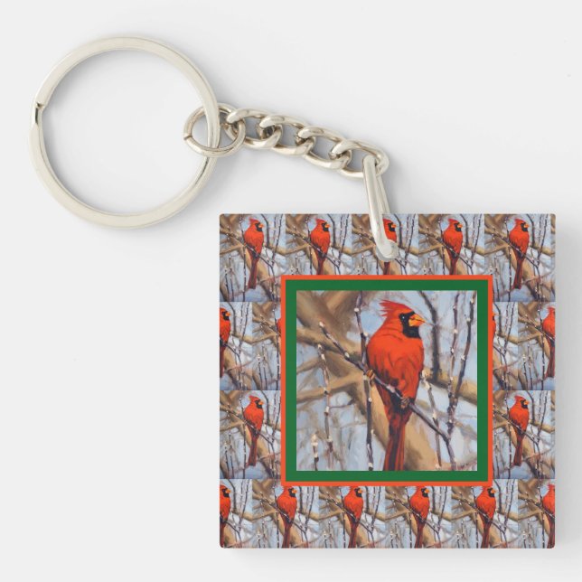 Beautiful Red Male Cardinal Bird  Keychain (Front)