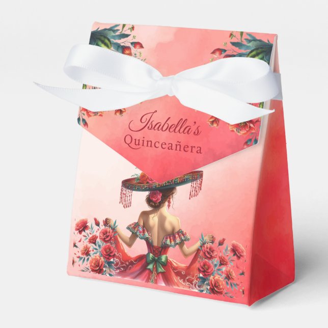 Beautiful red Mexican Style Quinceañera Favor Boxes (Front Side)