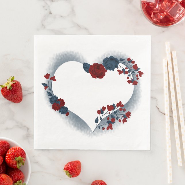 Beautiful red & navy floral love heart paper dinner napkins (Insitu)
