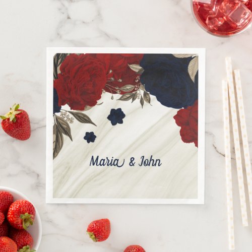 Beautiful red  navy flowers botanical  paper dinner napkins