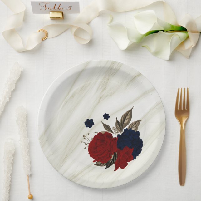 Beautiful red & navy flowers botanical paper plates (Wedding)