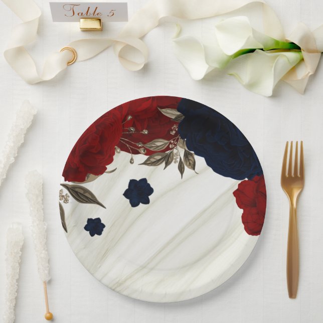 Beautiful red & navy flowers botanical paper plates (Wedding)