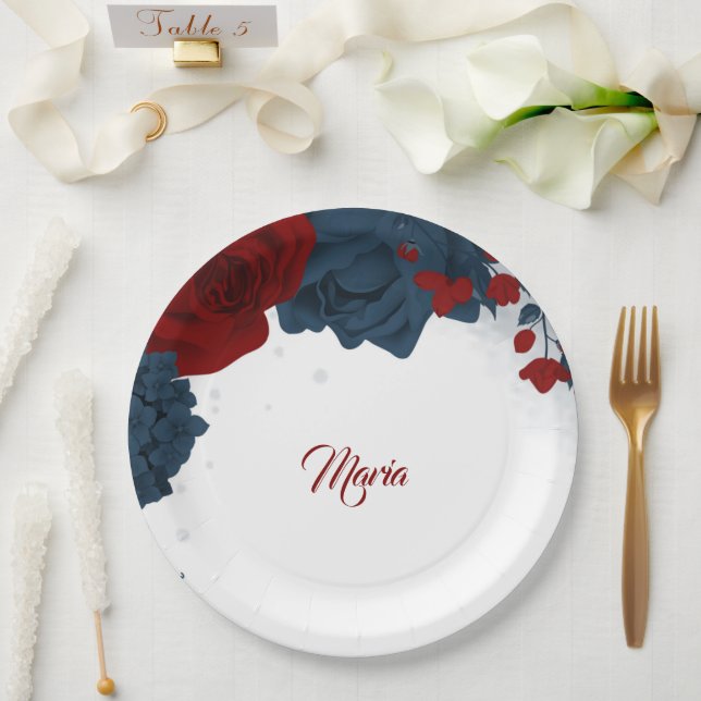 Beautiful red & navy flowers  paper plates (Wedding)