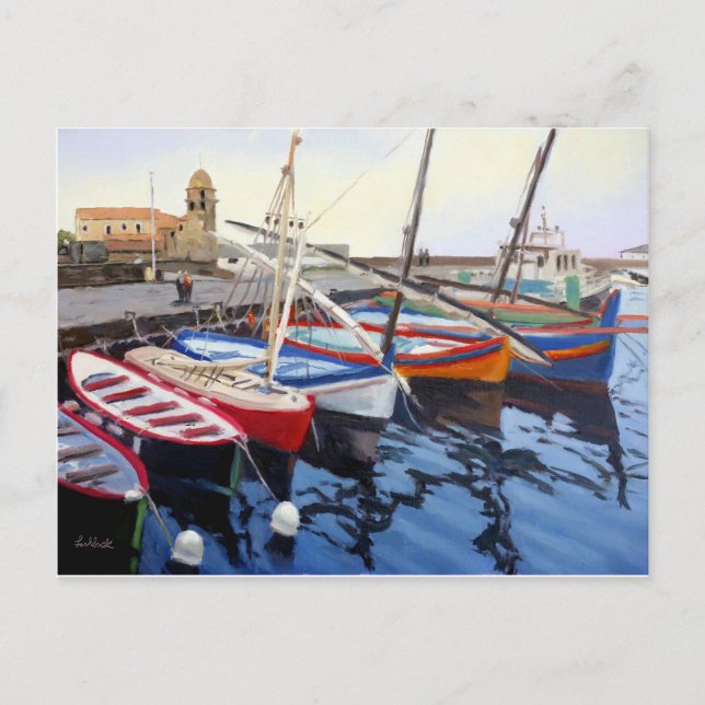 Beautiful Red Orange Blue Green Boats in Collioure Postcard (Front)