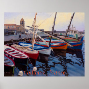 Beautiful Red Orange Blue Green Boats in Collioure Poster