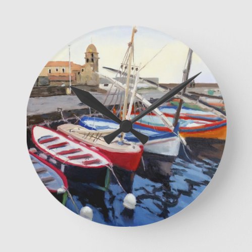 Beautiful Red Orange Blue Green Boats in Collioure Round Clock