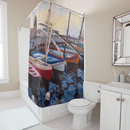 Beautiful Red Orange Blue Green Boats in Collioure Shower Curtain