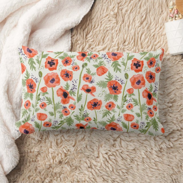 Beautiful Red Orange Poppies Pattern Lumbar Pillow (Blanket)