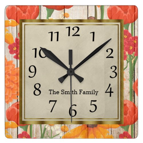 Beautiful Red Orange Yellow Floral Wood Square Wall Clock