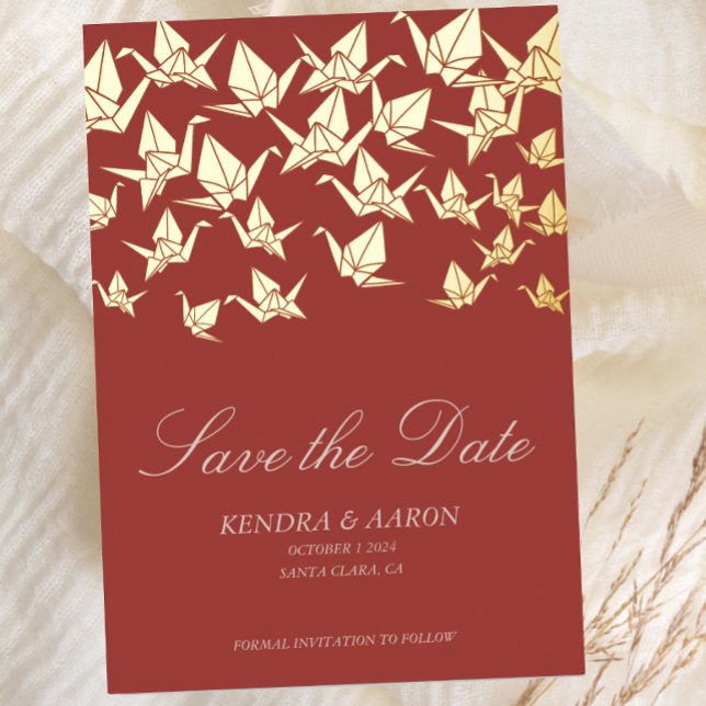 Beautiful Red Origami Paper Crane Save The Date Foil Invitation (Creator Uploaded)