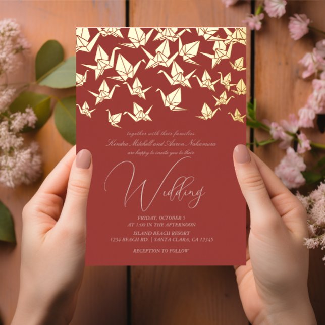 Beautiful Red Origami Paper Crane Wedding Foil Invitation (Creator Uploaded)