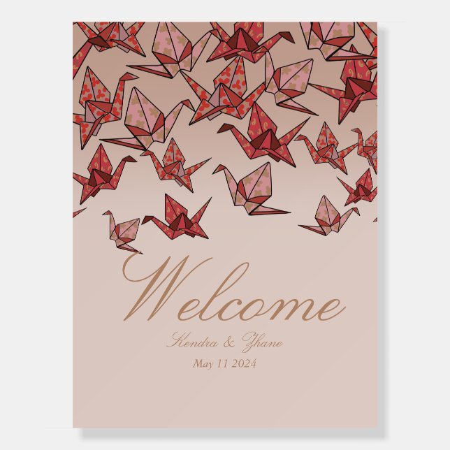 Beautiful Red Origami Paper Crane Wedding Welcome Foam Board (Front)