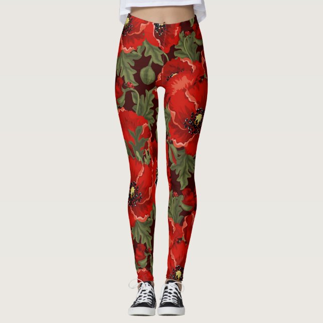 Beautiful Red Peonies Green Leaves on Black Leggings (Front)