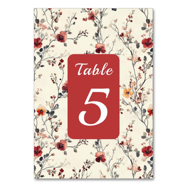 Beautiful Red & Pink Elegant Floral  Table Number (Front)