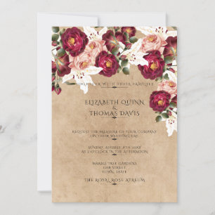 Beautiful Red Pink Roses White Lilies Wedding Invitation