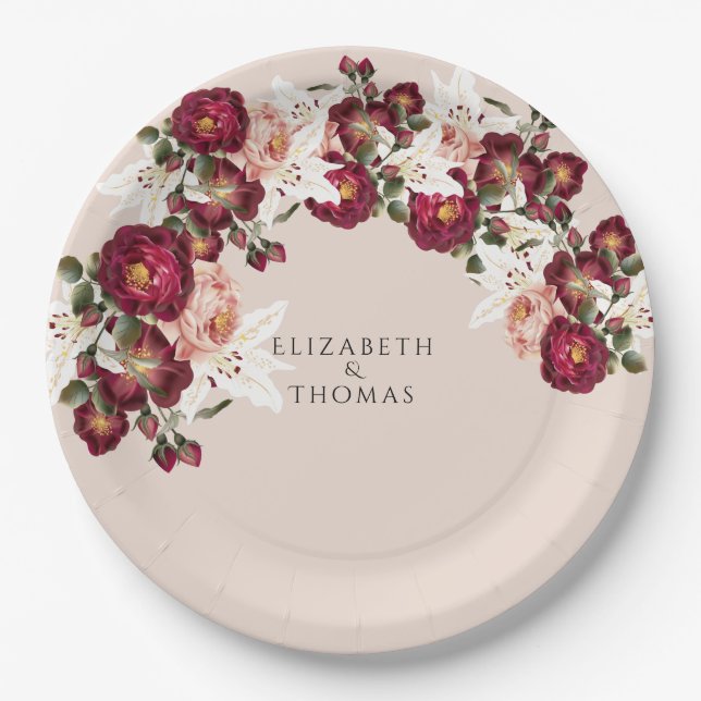 Beautiful Red Pink Roses White Lilies Wedding Pape Paper Plates (Front)