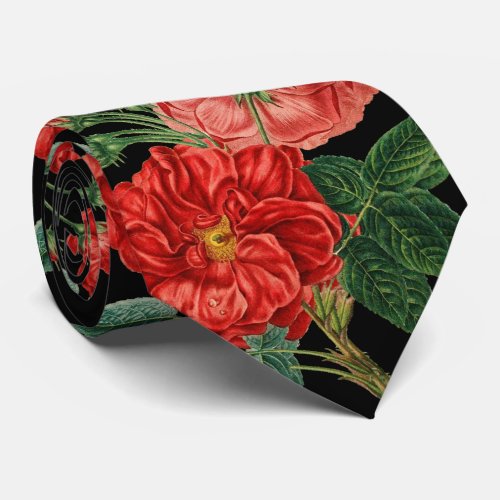Beautiful red_pink vintage roses and leaves neck tie