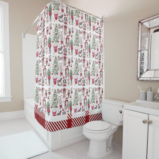 Beautiful Red Plaid Watercolor Christmas elements Shower Curtain (In Situ)