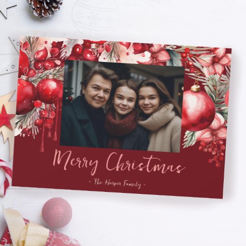 Beautiful Red Poinsettia Family Photo  Holiday Card