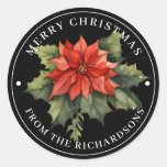 Beautiful Red Poinsettia Merry Christmas on Black Classic Round Sticker