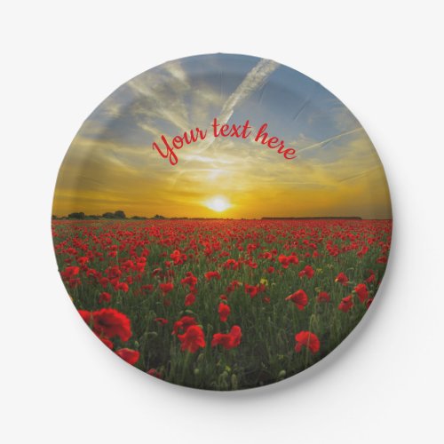 Beautiful Red Poppy Field At Sunrise Photograph Paper Plates
