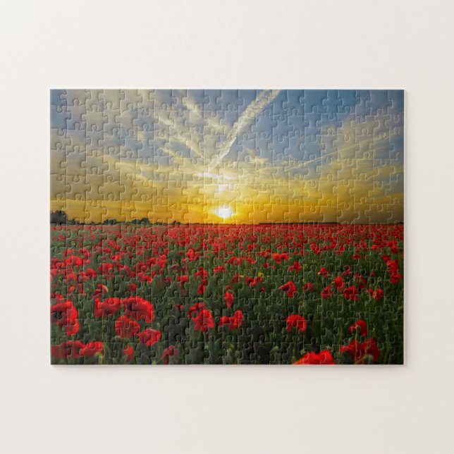 Beautiful Red Poppy Field Sunset Photography Jigsaw Puzzle (Horizontal)