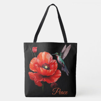 Beautiful Red Poppy & Hummingbird, Peace Tote Bag