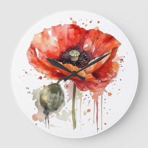 Beautiful red poppy painted in water color large clock