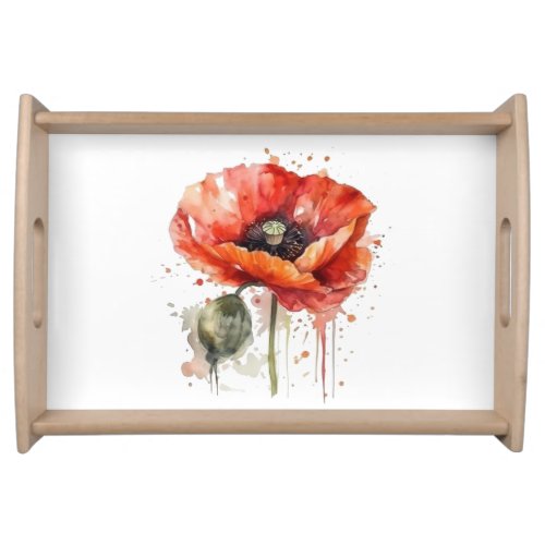 Beautiful red poppy painted in watercolor serving tray