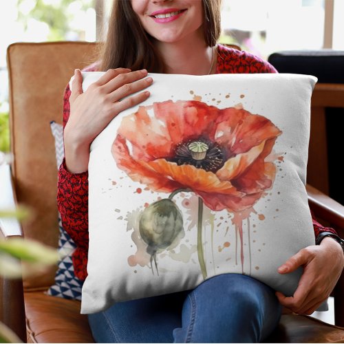 Beautiful red poppy painted in watercolor throw pillow