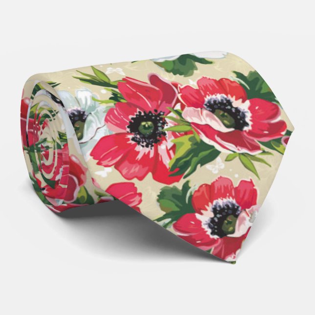 Beautiful red poppy, white daisies and butterflies neck tie (Rolled)