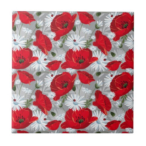 Beautiful red poppy white daisies and ladybug ceramic tile