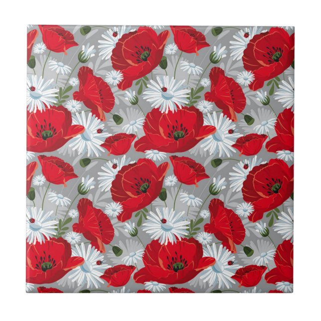 Beautiful red poppy, white daisies and ladybug ceramic tile (Front)