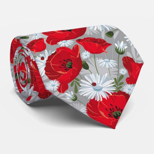 Beautiful red poppy white daisies and ladybug neck tie