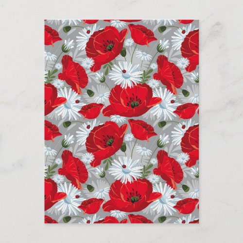 Beautiful red poppy white daisies and ladybug postcard