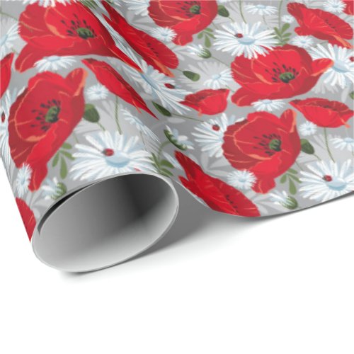 Beautiful red poppy white daisies and ladybug wrapping paper