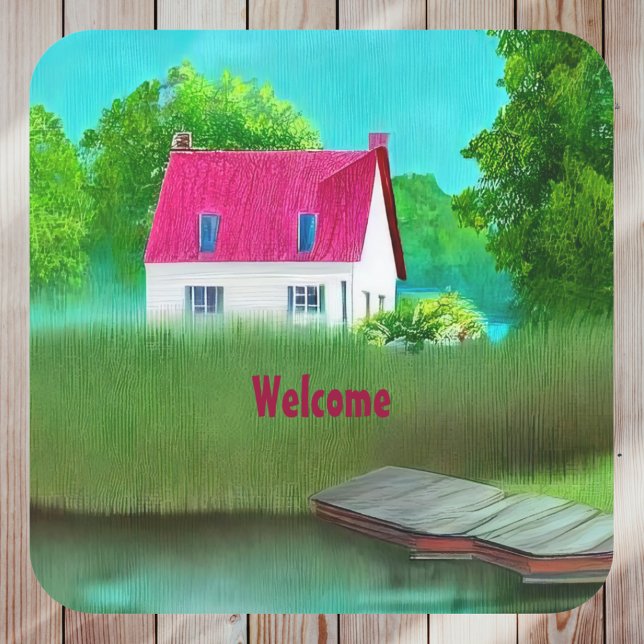 Beautiful Red-Roofed Cabin by the Lake Welcome Square Sticker (Creator Uploaded)