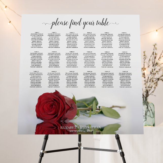 Beautiful Red Rose 18 Table Wedding Seating Chart Foam Board (In Situ (Stand))